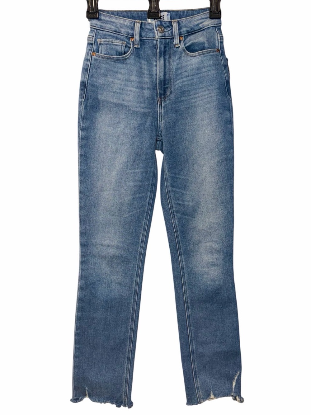 PAIGE Medium Wash High-Rise Skinny Jeans with Frayed Hem